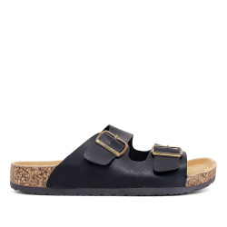 Sandalias negras estilo bio con doble hebilla dorada y suela efecto corcho - Querol online