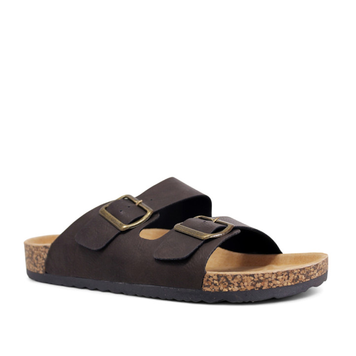 Sandalias marrones estilo bio con doble hebilla dorada y suela efecto corcho - Querol online