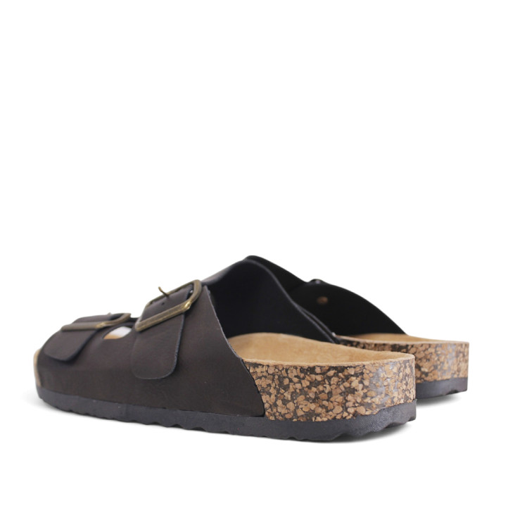 Sandalias marrones estilo bio con doble hebilla dorada y suela efecto corcho - Querol online