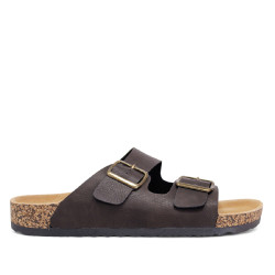 Sandalias marrones estilo bio con doble hebilla dorada y suela efecto corcho
