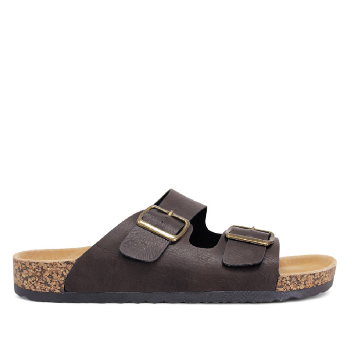 Sandalias marrones estilo bio con doble hebilla dorada y suela efecto corcho - Querol online