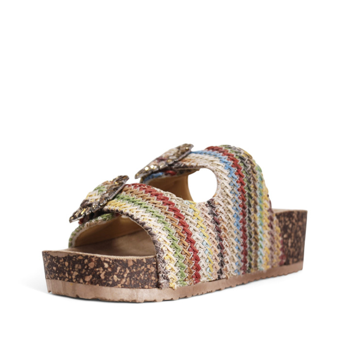 Sandalias cuña Stay con material trenzado de colores, hebilla tipo joya y estilo bio - Querol online