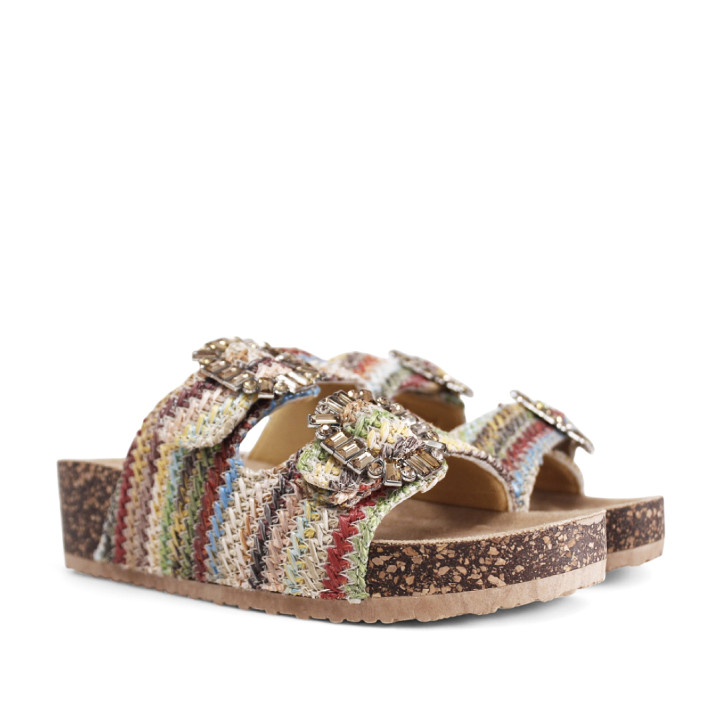 Sandalias cuña Stay con material trenzado de colores, hebilla tipo joya y estilo bio - Querol online