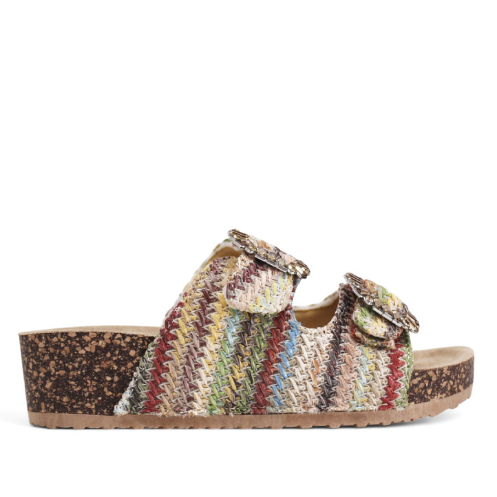 Sandalias cuña Stay con material trenzado de colores, hebilla tipo joya y estilo bio - Querol online
