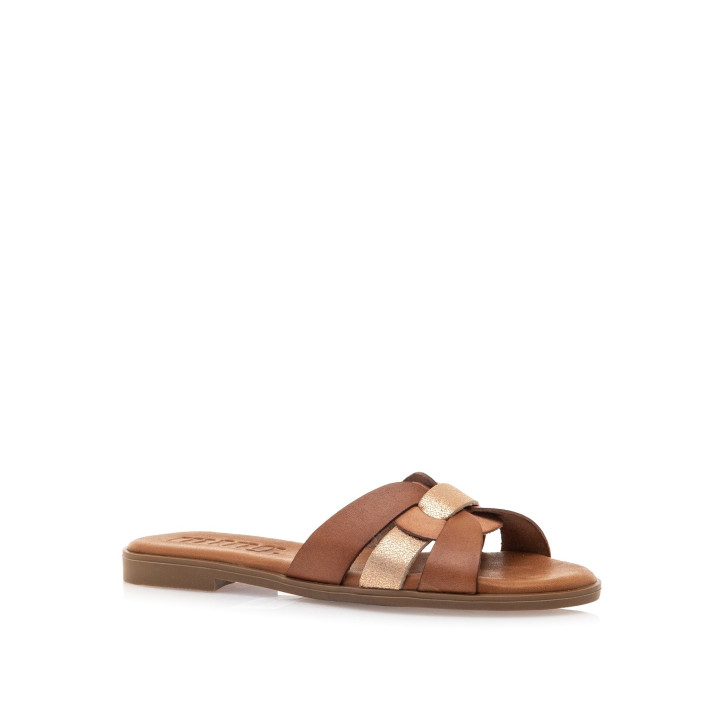 Sandàlies planes Mustang maria marrons amb tres tires creaudes de pell - Querol online