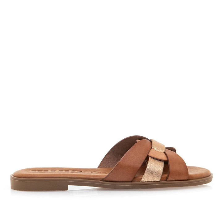 Sandàlies planes Mustang maria marrons amb tres tires creaudes de pell - Querol online