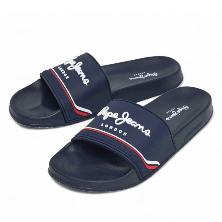 Chanclas Pepe Jeans slider original azules con detalles blancos y rojos - Querol online