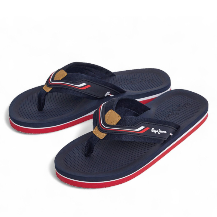 Chanclas Pepe Jeans west club azules con detalles blancos, rojos y marrones - Querol online