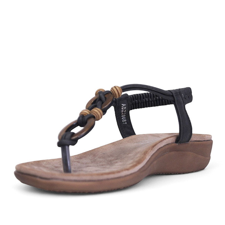 Sandalias planas Amarpies negras con abalorios color madera y tira trenzada - Querol online