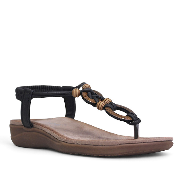 Sandalias planas Amarpies negras con abalorios color madera y tira trenzada - Querol online