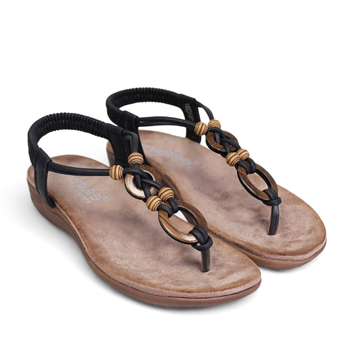 Sandalias planas Amarpies negras con abalorios color madera y tira trenzada - Querol online