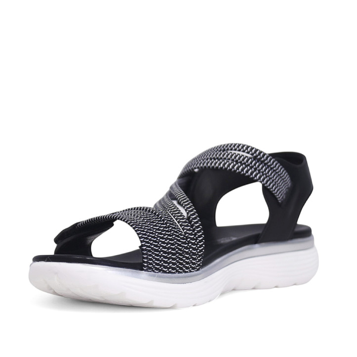 Sandalias planas Amarpies negras con detalles blancos, tira elástica central y cierre de velcro - Querol online