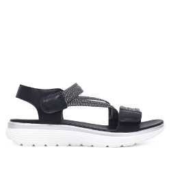 Sandalias planas Amarpies negras con detalles blancos, tira elástica central y cierre de velcro - Querol online
