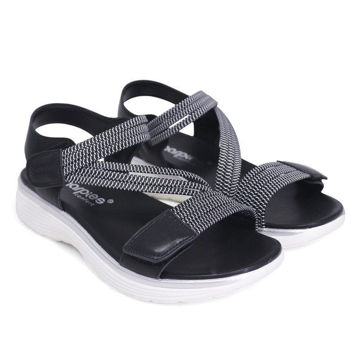 Sandalias planas Amarpies negras con detalles blancos, tira elástica central y cierre de velcro - Querol online