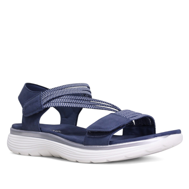 Sandalias planas Amarpies azules con detalles blancos, tira elástica central y cierre de velcro - Querol online