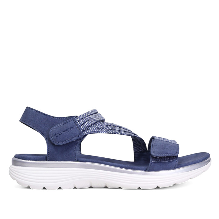 Sandalias planas Amarpies azules con detalles blancos, tira elástica central y cierre de velcro - Querol online