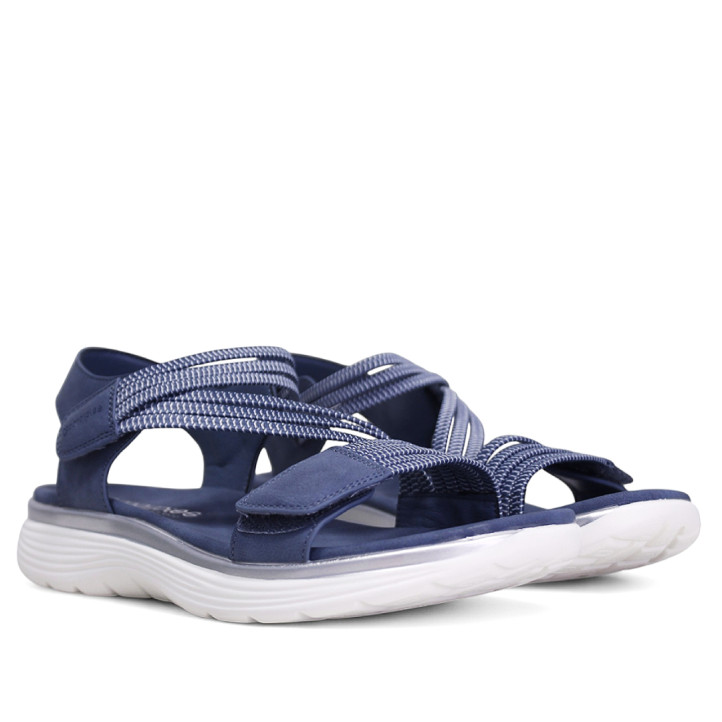 Sandalias planas Amarpies azules con detalles blancos, tira elástica central y cierre de velcro - Querol online