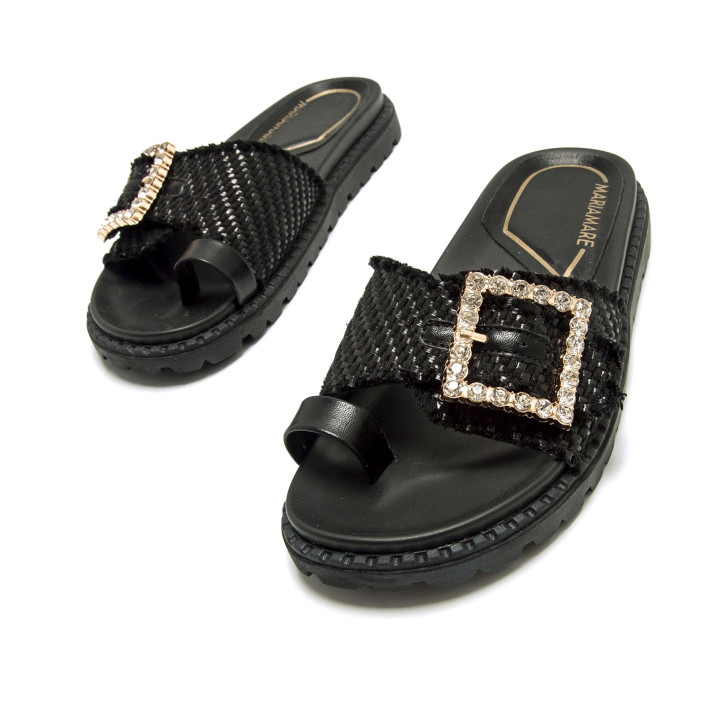 Sandalias planas Maria Mare fraine negras con hebilla brillante decorativa - Querol online