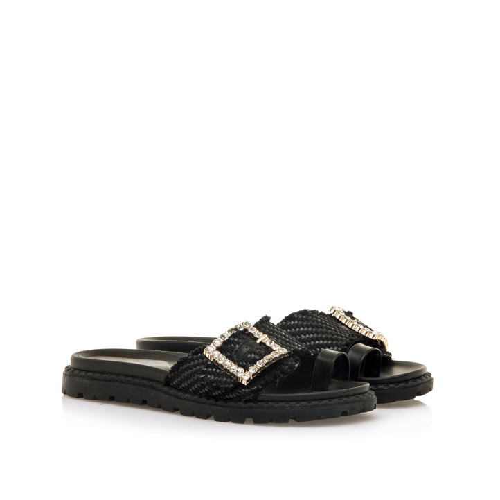 Sandalias planas Maria Mare fraine negras con hebilla brillante decorativa - Querol online