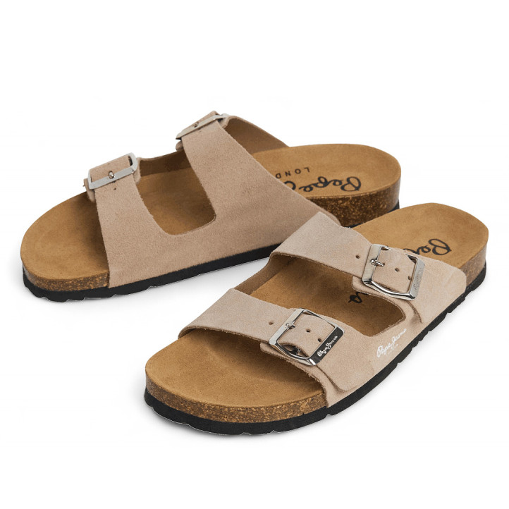 Sandàlies planes Pepe Jeans oban suede taupe amb sivelles ajustables tipus bio - Querol online