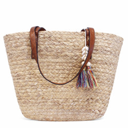 Capazo de ráfia con borla multicolor con conchas - Querol online