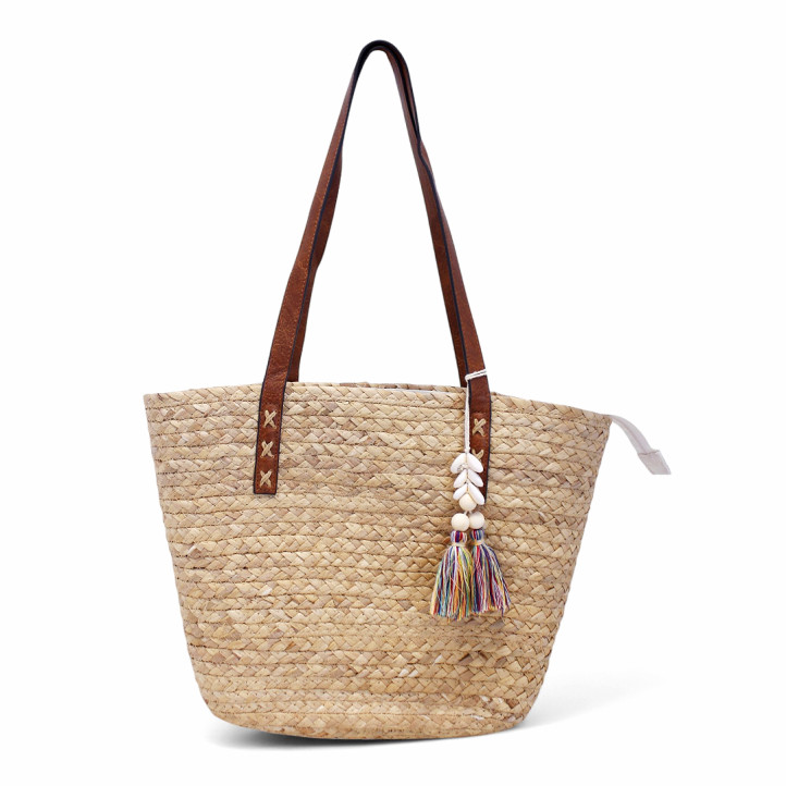 Capazo de ráfia con borla multicolor con conchas - Querol online