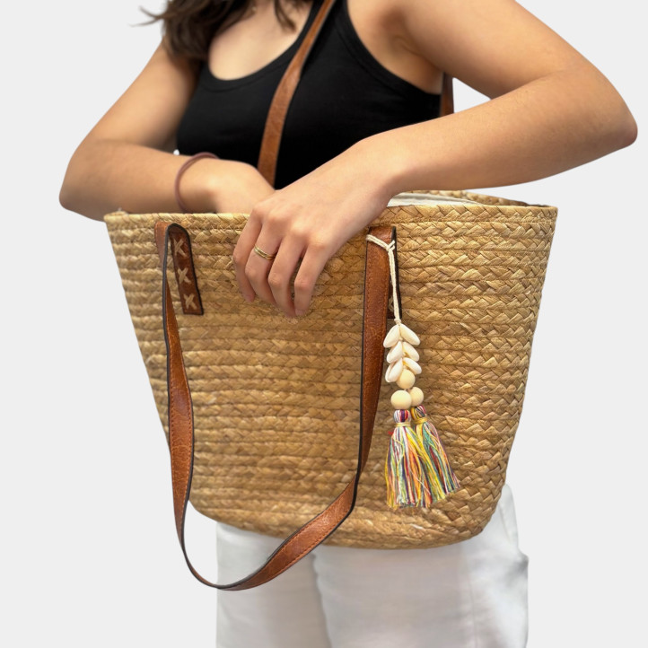Cabàs de ràfia amb borla multicolor amb conques - Querol online
