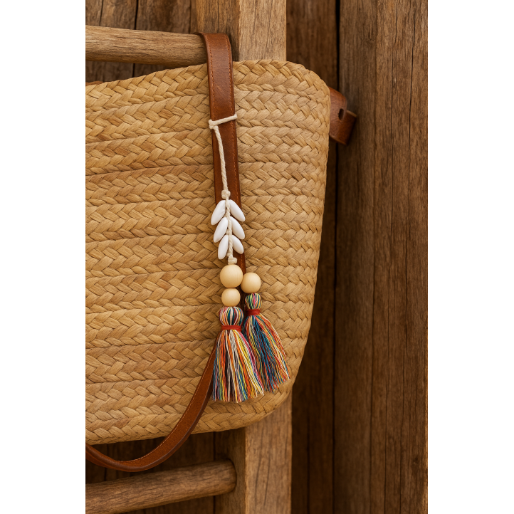 Capazo de ráfia con borla multicolor con conchas - Querol online