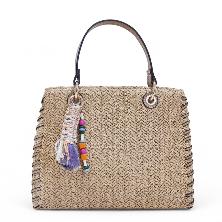 Bolso marrón rectangular con fibra trenzada y charm de cuentas - Querol online