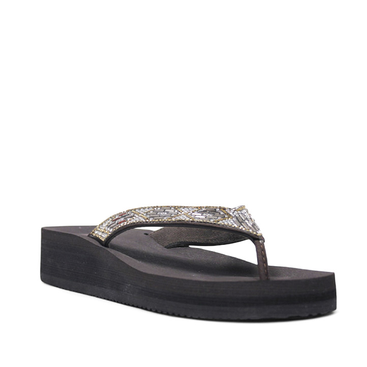 Chanclas Nicoboco ana marrones con abalorios brillantes y cuña - Querol online