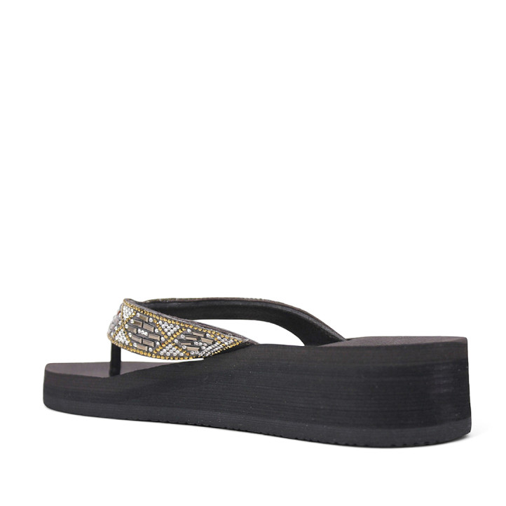 Chanclas Nicoboco ana marrones con abalorios brillantes y cuña - Querol online