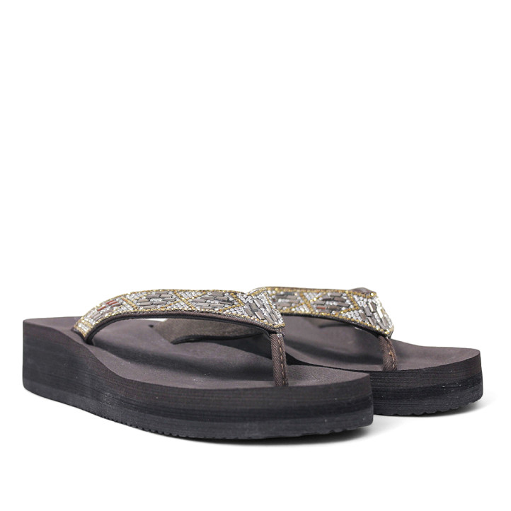 Chanclas Nicoboco ana marrones con abalorios brillantes y cuña - Querol online