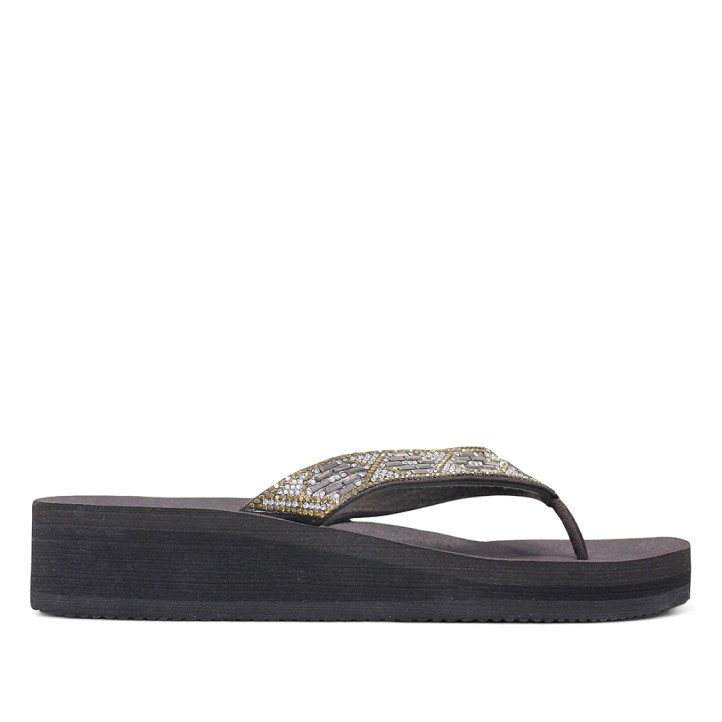Chanclas Nicoboco ana marrones con abalorios brillantes y cuña - Querol online