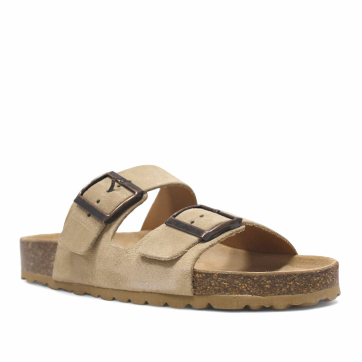 Sandalias planas Redlove lúa beige de serraje con doble hebilla tipo bio - Querol online