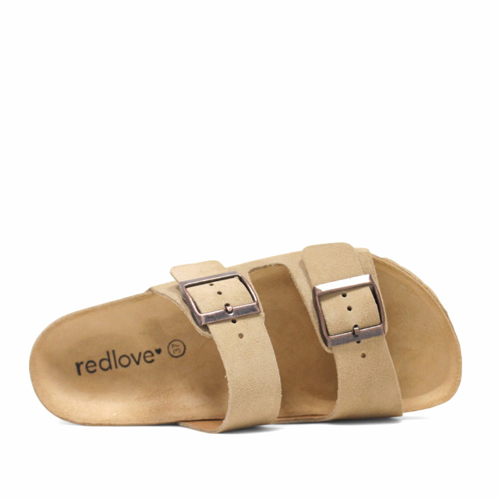 Sandalias planas Redlove lúa beige de serraje con doble hebilla tipo bio - Querol online