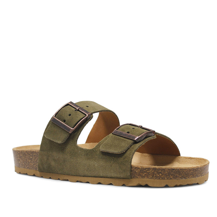 Sandalias planas Redlove lúa verdes de serraje con doble hebilla tipo bio - Querol online