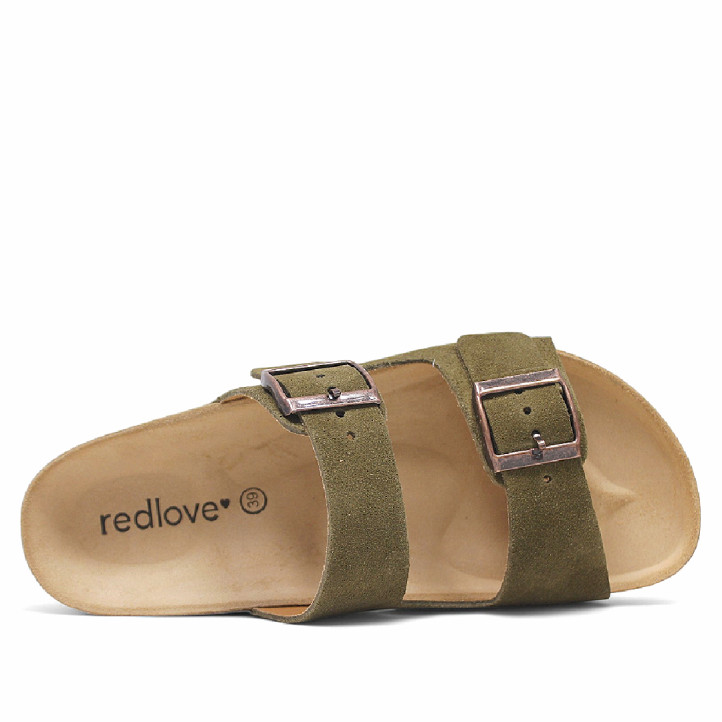 Sandalias planas Redlove lúa verdes de serraje con doble hebilla tipo bio - Querol online