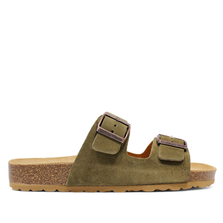 Sandalias planas Redlove lúa verdes de serraje con doble hebilla tipo bio - Querol online