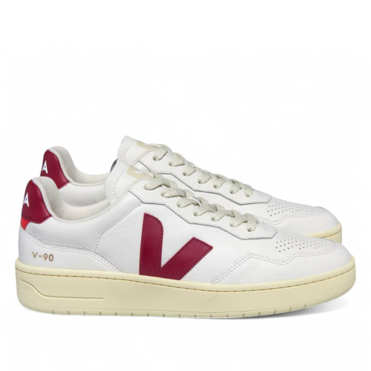 Zapatillas urban VEJA v-90 leather white marsala para mujer - Querol online