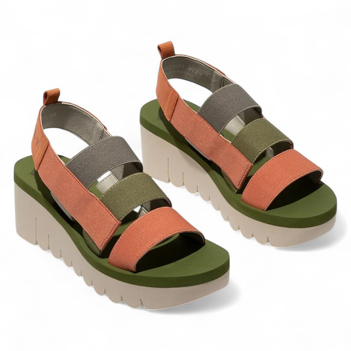 Sandalias cuña FLY LONDON yerefly en coral, gris y verde con tiras elásticas - Querol online