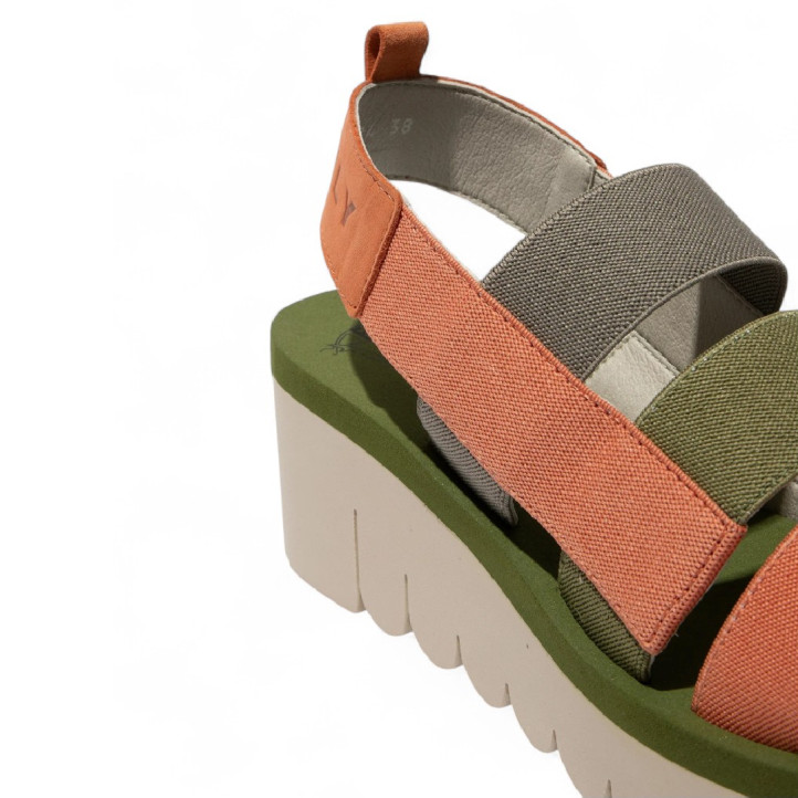Sandalias cuña FLY LONDON yerefly en coral, gris y verde con tiras elásticas - Querol online
