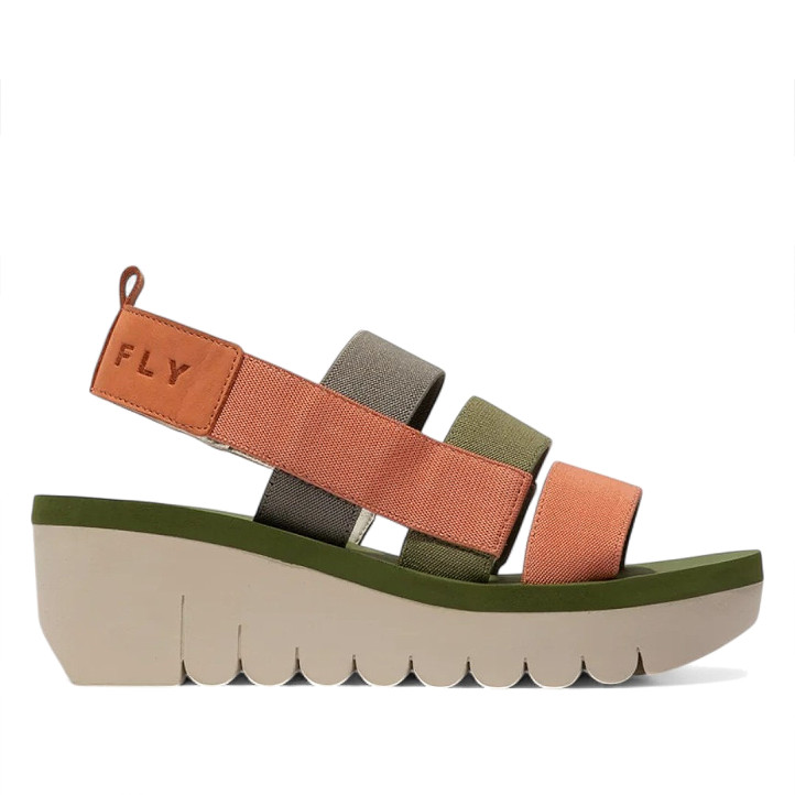 Sandalias cuña FLY LONDON yerefly en coral, gris y verde con tiras elásticas - Querol online