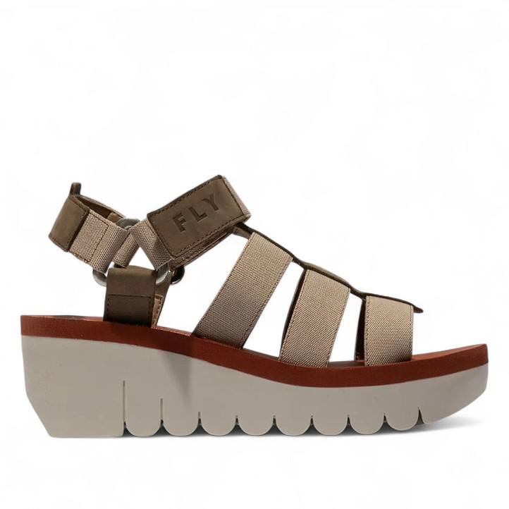 Sandàlies falca FLY LONDON yojifly en verd militar, beix i gris estil sandaàlia de riu oberta - Querol online