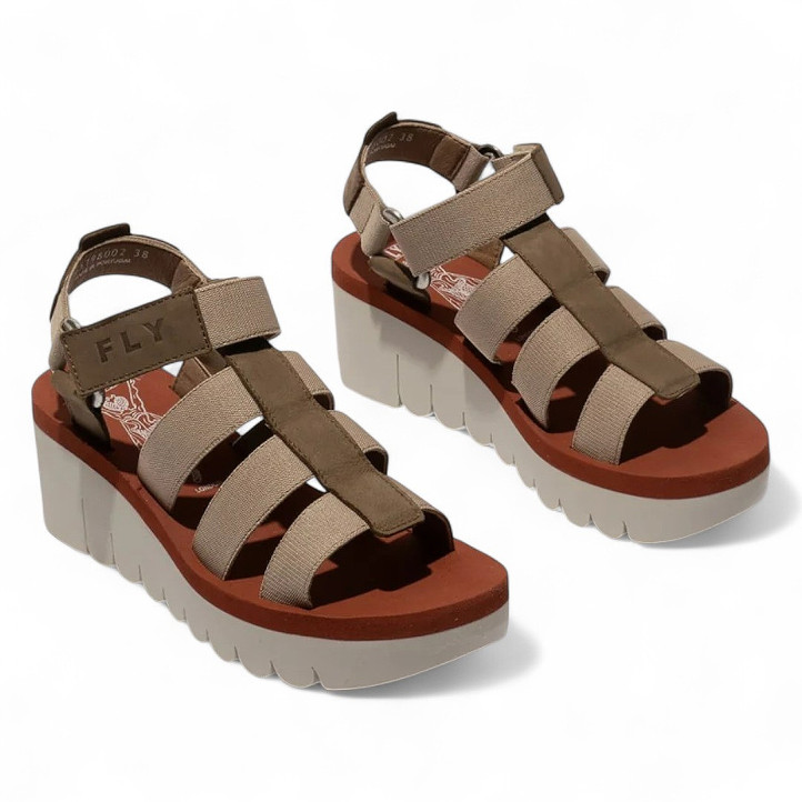 Sandàlies falca FLY LONDON yojifly en verd militar, beix i gris estil sandaàlia de riu oberta - Querol online