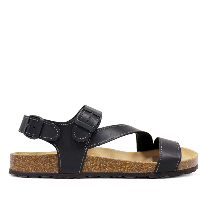 Sandalias Lobo ararat marrón chocolate con tiras cruzadas y doble hebilla - Querol online