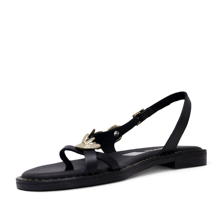 Sandalias planas Redlove aina negras de piel con tira cruzada al dedo y medallas - Querol online