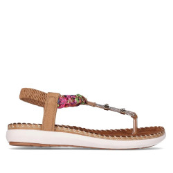 Sandalias planas Chika 10 canelon 04 marrones con trenzado colorido y detalles metálicos - Querol online