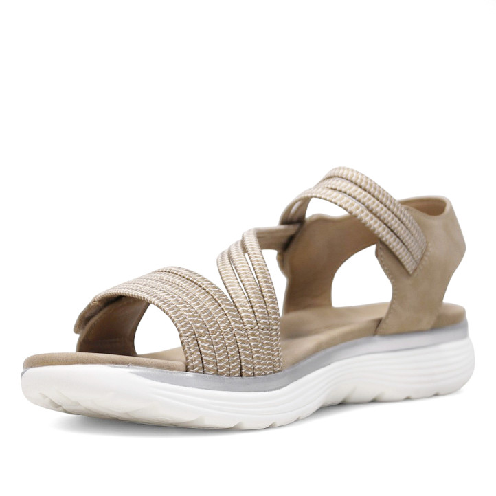 Sandalias planas Amarpies biege con detalles blancos, tira elástica central y cierre de velcro - Querol online