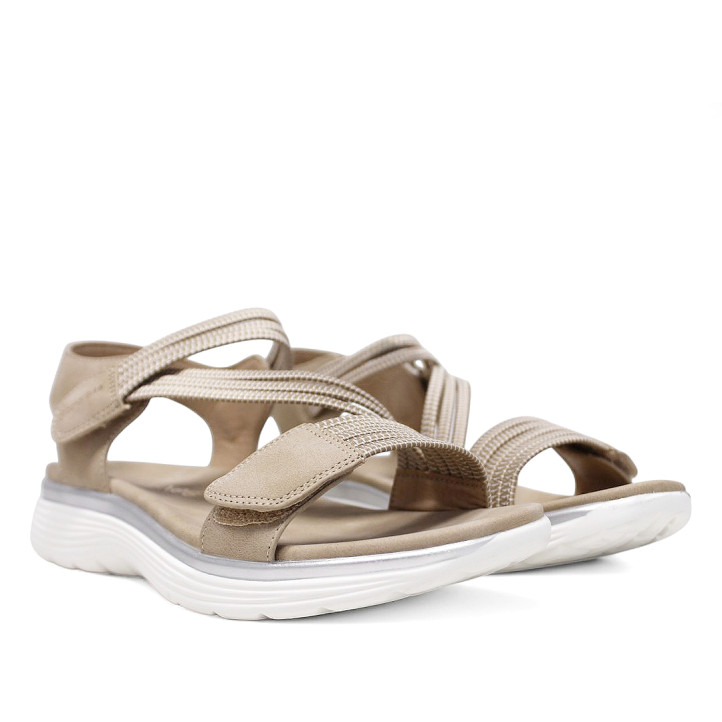 Sandalias planas Amarpies biege con detalles blancos, tira elástica central y cierre de velcro - Querol online