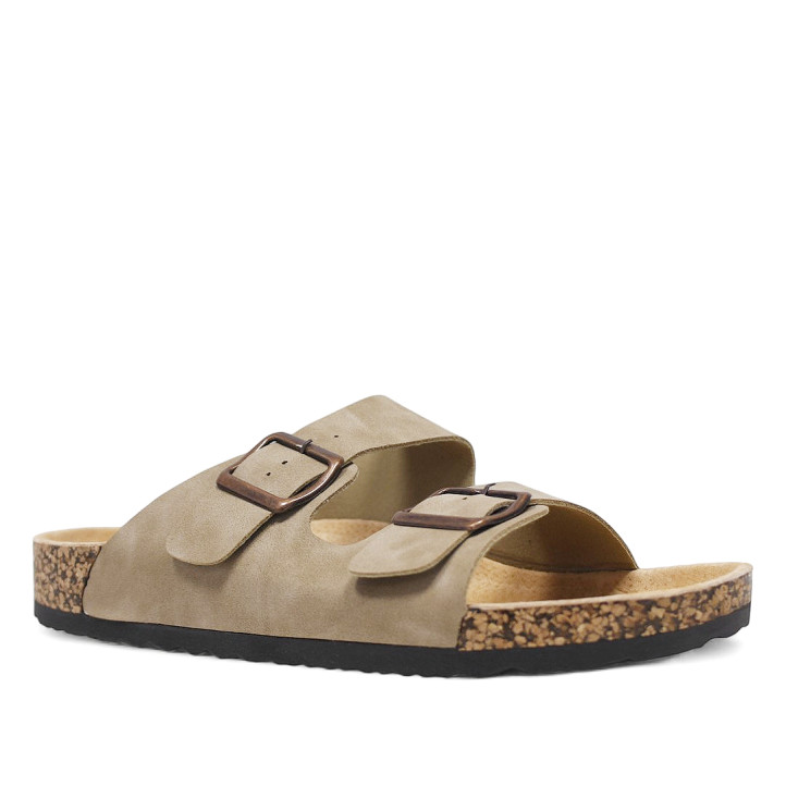 Sandalias taupe estilo bio con doble hebilla y suela efecto corcho - Querol online